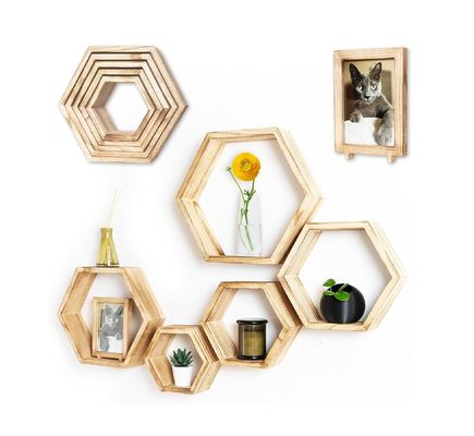 Conjunto de 5 estanterías flotantes hexagonales con diseño personalizado y marco fotográfico