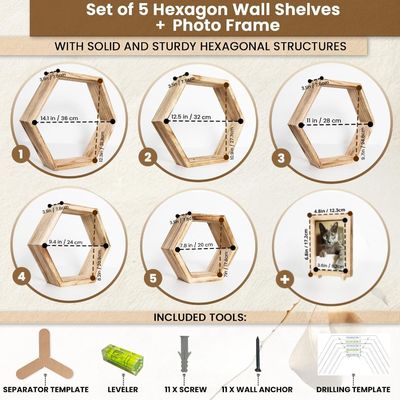 Conjunto de 5 estanterías flotantes hexagonales con diseño personalizado y marco fotográfico