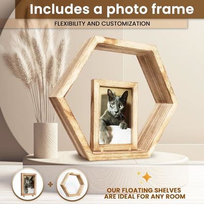 Conjunto de 5 estanterías flotantes hexagonales con diseño personalizado y marco fotográfico