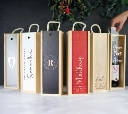 Caja de vino de madera hecha a mano con grabado láser personalizado y tapa deslizante personalizada