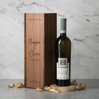 Caja de champaña de vino de pino impresa en serigrafía para compromiso y boda 35x11x11cm