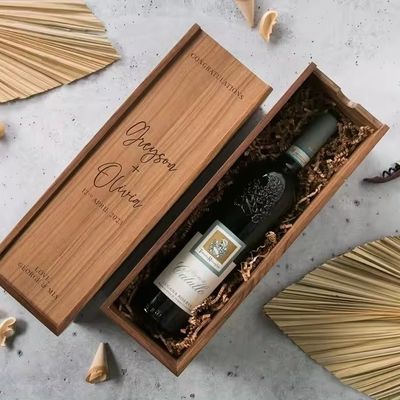 Caja de champaña de vino de pino impresa en serigrafía para compromiso y boda 35x11x11cm