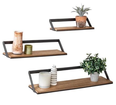 Logotipo personalizado Decoración del hogar Conjunto de 3 estanterías de pared de madera negra / natural estanterías de exhibición colgantes