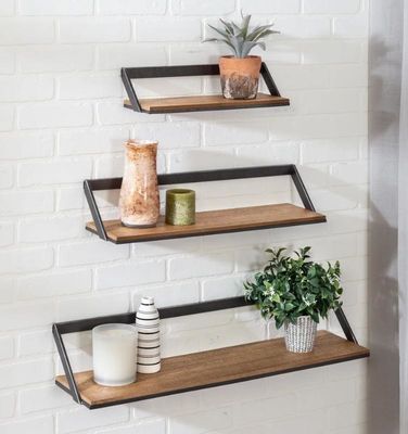 Logotipo personalizado Decoración del hogar Conjunto de 3 estanterías de pared de madera negra / natural estanterías de exhibición colgantes