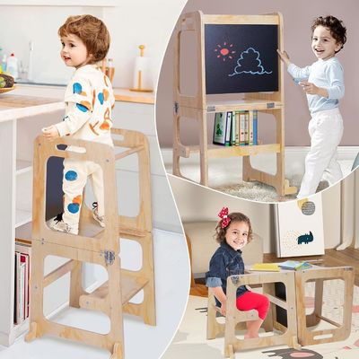 Logotipo personalizado aceptable de madera para bebés con altura ajustable Torre auxiliar para aprendizaje de cocina