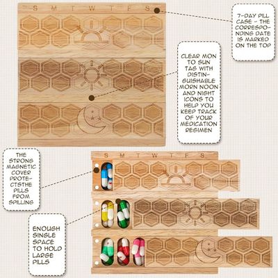 Compacto de madera organizador de píldoras semanales soporte distribuidor diario de píldoras clasificador de píldoras recipientes