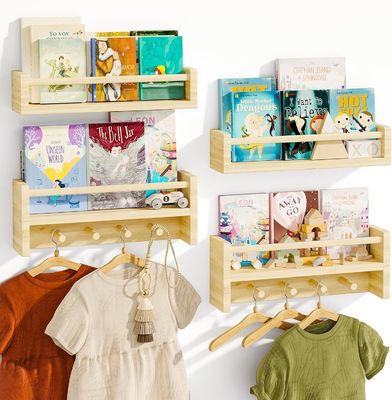 Hooks de madera Estante de libros de madera natural Estantes montados en la pared para el almacenamiento de decoración de la guardería