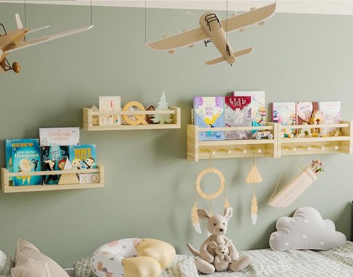 Hooks de madera Estante de libros de madera natural Estantes montados en la pared para el almacenamiento de decoración de la guardería