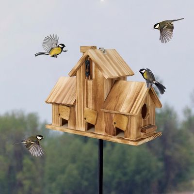 Casa de pájaros de madera al aire libre con 3 agujeros hecha a mano con madera para el hábitat del jardín
