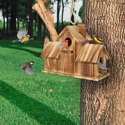 Casa de pájaros de madera al aire libre con 3 agujeros hecha a mano con madera para el hábitat del jardín