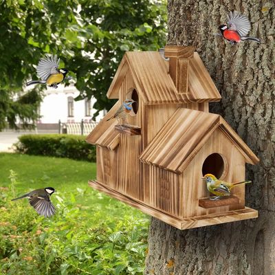 Casa de pájaros de madera al aire libre con 3 agujeros hecha a mano con madera para el hábitat del jardín