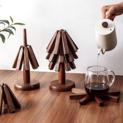Conjunto Trivet de forma de árbol para platos calientes Montador de nuez negra y soporte de impresión