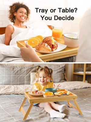 Desayuno Servicio de cama de bambú bandeja de mesa de diseño moderno 16.92 x 12.6 pulgadas con piernas plegables