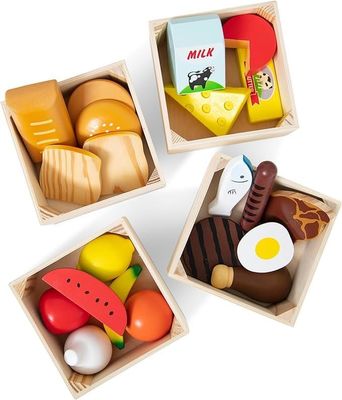 Niños de madera Finge juegos de roles Conjuntos de comida 21 piezas y 4 cajas Color de madera de pino