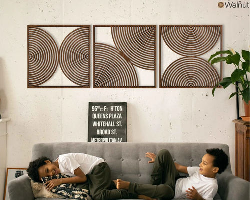 Conjunto de 3 Boho Regalo para el hogar Arte de pared de madera grande con estilo moderno de mediados de siglo y logotipo personalizado