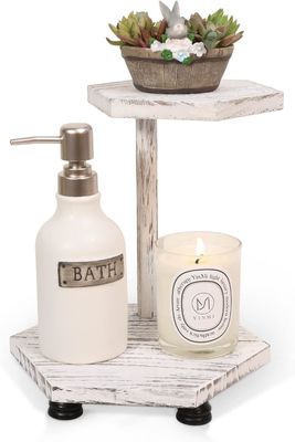 2 capas de pantalla hexagonal de madera elevadora bandeja de la granja blanca para la cocina y el baño