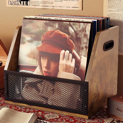 Caja de almacenamiento de discos de vinilo marrón retro para caja de discos LP resistente y diseño funcional