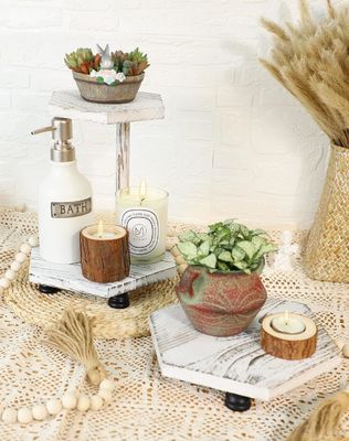 2 capas de pantalla hexagonal de madera elevadora bandeja de la granja blanca para la cocina y el baño