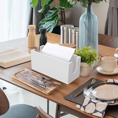 Dispensador de toallas de papel de baño de madera blanca con tapa