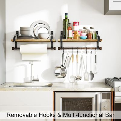 Madera rústica 8 ganchos extraíbles Estantes flotantes de pared Estante de especias de cocina con toalla