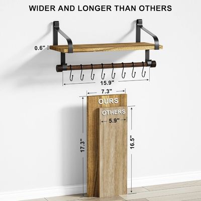 Madera rústica 8 ganchos extraíbles Estantes flotantes de pared Estante de especias de cocina con toalla