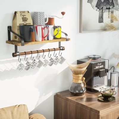 Madera rústica 8 ganchos extraíbles Estantes flotantes de pared Estante de especias de cocina con toalla