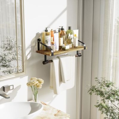 Madera rústica 8 ganchos extraíbles Estantes flotantes de pared Estante de especias de cocina con toalla