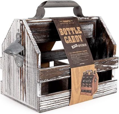 Caddy de 6 botellas de madera con acabado barnizado y abrebotellas