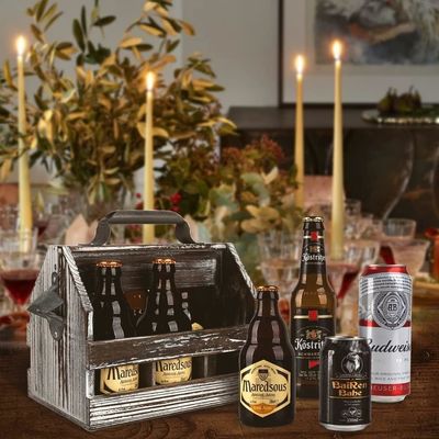 Caddy de 6 botellas de madera con acabado barnizado y abrebotellas