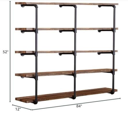 Estante de tubería de hierro de pared industrial de madera para bricolaje Estante de escritorio abierto Estante de libros de cocina