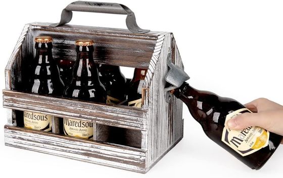 Caddy de 6 botellas de madera con acabado barnizado y abrebotellas
