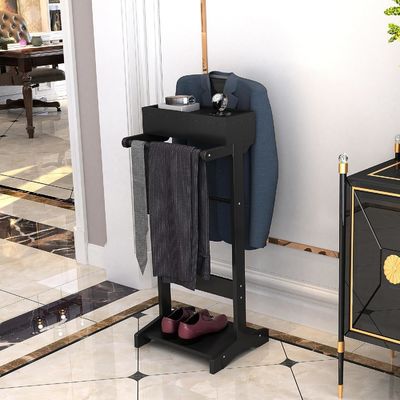 Logotipo personalizado Estante de ropa de madera con estanterías y stand de servicio