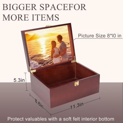 Caja de recuerdos de madera grande con tapa y marco de fotografía