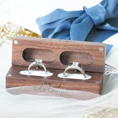 Rustico Vintage Rectángulo de madera sólida para joyería Almacenamiento 2 Caja de anillos con grabado de madera