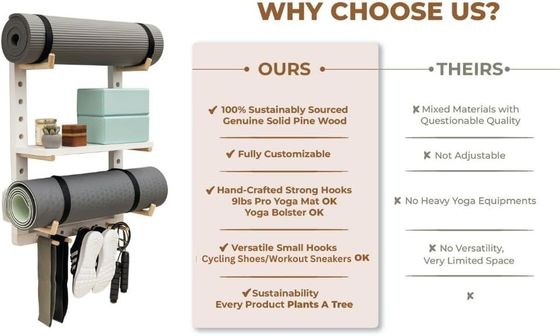 Conveniente organizador de esterillas de yoga de madera para montaje en la pared del gimnasio en casa totalmente personalizable