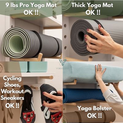 Conveniente organizador de esterillas de yoga de madera para montaje en la pared del gimnasio en casa totalmente personalizable