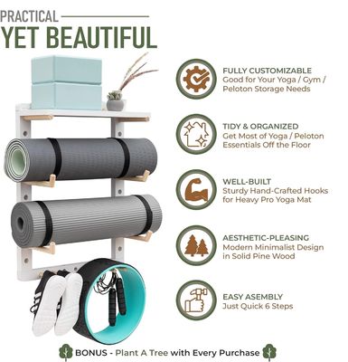 Conveniente organizador de esterillas de yoga de madera para montaje en la pared del gimnasio en casa totalmente personalizable
