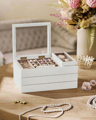 Caja de joyería de madera de 3 capas con tapa transparente en forma rectangular para necesidades de almacenamiento personalizadas
