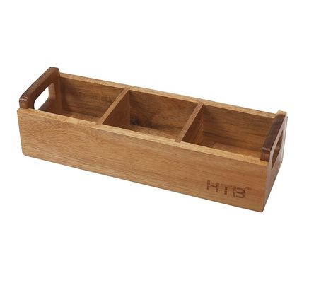 Caja de bolsas de té de madera de acacia con mango 3 compartimientos Mini contenedor de almacenamiento de escritorio
