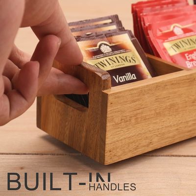 Caja de bolsas de té de madera de acacia con mango 3 compartimientos Mini contenedor de almacenamiento de escritorio