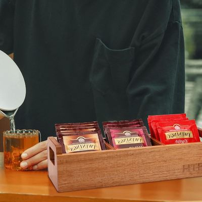 Caja de bolsas de té de madera de acacia con mango 3 compartimientos Mini contenedor de almacenamiento de escritorio