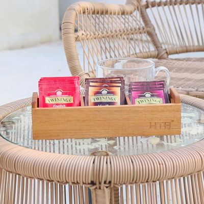 Caja de bolsas de té de madera de acacia con mango 3 compartimientos Mini contenedor de almacenamiento de escritorio