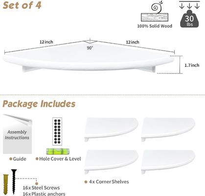 Decoración de sala de estar personalizada Conjunto de 4 esquinas redondas y blancas estanterías flotantes de libros para pared