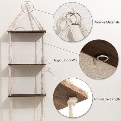 Muebles para el hogar Estante colgante de pared de macrame de 3 niveles con estanterías de almacenamiento flotantes de madera