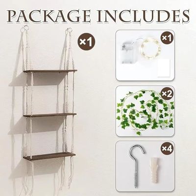 Muebles para el hogar Estante colgante de pared de macrame de 3 niveles con estanterías de almacenamiento flotantes de madera
