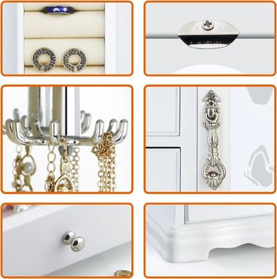 Caja de joyería de madera sólida blanca hecha a mano con 4 cajones Gran espejo y carrusel de collar