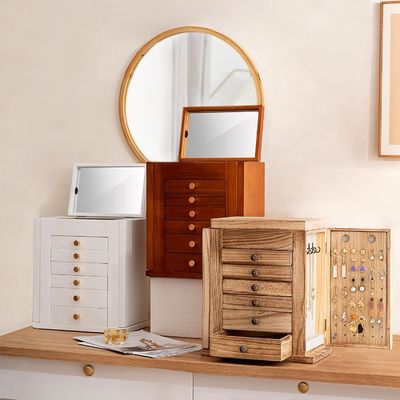 Gran caja de joyas de madera de 7 capas con espejo para aretes Brazalete Collar Reloj de anillo