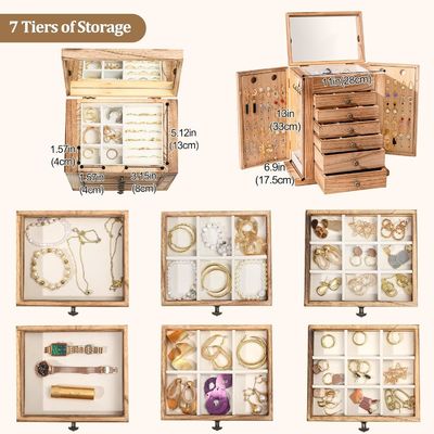 Gran caja de joyas de madera de 7 capas con espejo para aretes Brazalete Collar Reloj de anillo