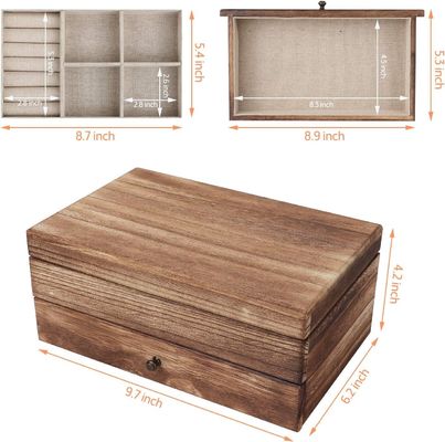 Logotipo de OEM personalizado Caja de joyería rústica de madera con bandeja de anillo de espejo Regalo de artesanía de gran tamaño