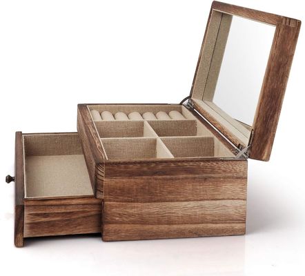 Logotipo de OEM personalizado Caja de joyería rústica de madera con bandeja de anillo de espejo Regalo de artesanía de gran tamaño